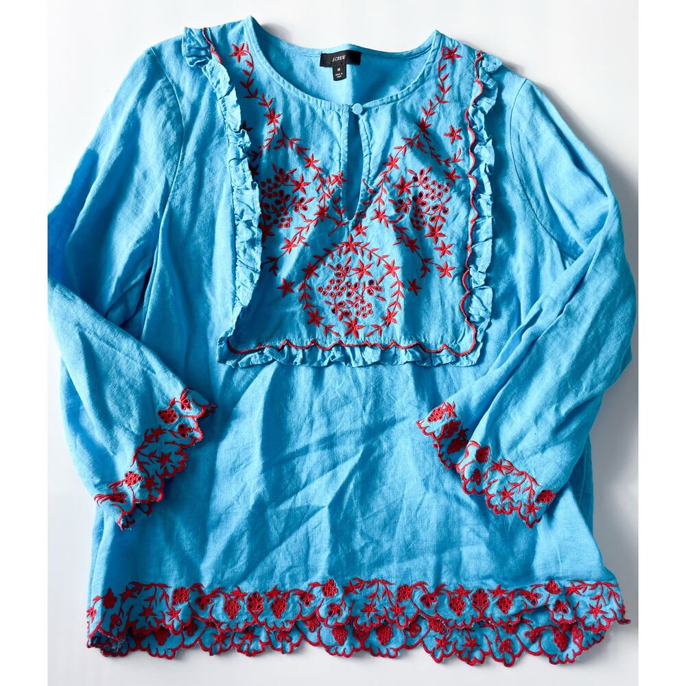 Women's J. Crew Blue and Red Embroidered Linen Tunic Top Size Medium